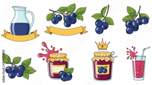 Comprehensive blueberry set including branches jam jars juice and a decorative crown for premium food branding.