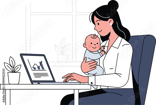 Professional mother holding her baby while working on laptop in home office, corporate businesswoman multitasking with infant and business analytics vector.