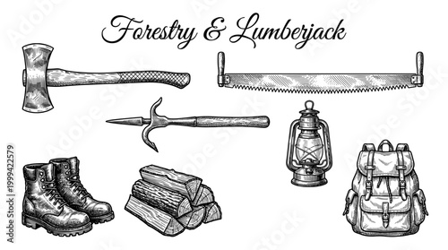 Vintage Lumberjack and Forestry Equipment Vector Set, Engraved Woodcut Style Illustrations of Axe, Saw, Lantern, Boots, and Backpack for Logging and Woodworking Design