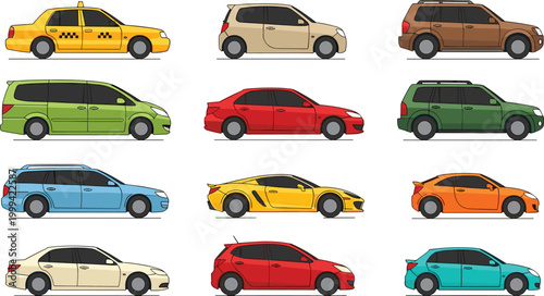 Colorful Car Vector Illustration Set Featuring Various Car Models in Different Colors and Styles for Automotive and Transportation Design.