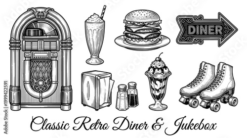 Vintage American Retro Diner Vector Illustration Set Featuring Jukebox, Burger, Milkshake, and Roller Skates in Engraving Style