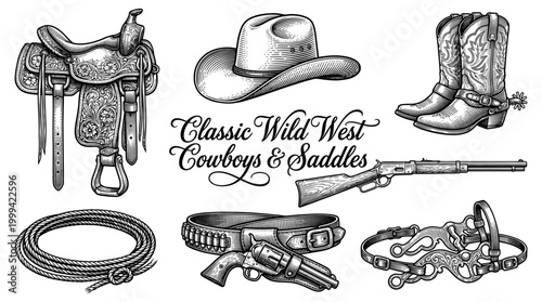 Classic Wild West Cowboy Equipment Collection, Vintage Engraving Vector Illustrations Featuring Saddle, Hat, Boots, Rifle, Revolver, Lasso and Bridle