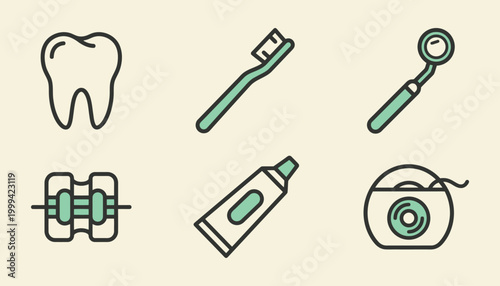 Minimalist Dental Care Icons for Oral Hygiene and Preventative Wellness