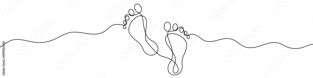 Obraz premium Human footprints, made in one line. Minimalistic symbol of a walk, steps, or a shared journey. Vector illustration.