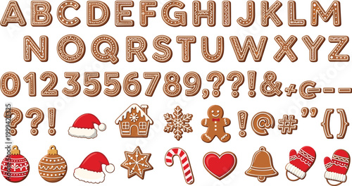 Gingerbread and Christmas-Themed Alphabet and Symbols Vector Illustration Set Featuring Letters, Numbers, and Festive Decorations for Holiday Design.