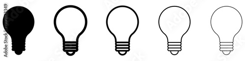 Set of light bulb icons with different line weights. Graphic elements in black and white colors, symbolizing an idea, light, or energy. Vector illustration.