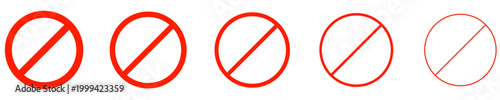Set of prohibition icons in the shape of a crossed-out red circle. Graphic elements with different line weights for indicating restrictions or warnings. Vector illustration.