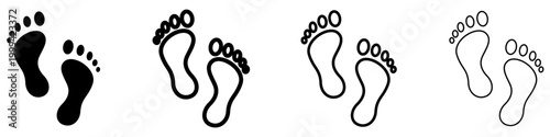 Set of icons with a pair of footprint silhouettes. Graphic elements with different line weights, symbolizing human steps or a walk.