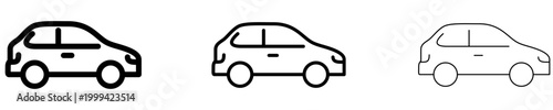 Set of passenger car icons. Graphic elements with different line weights, depicting a modern hatchback, symbolizing transport, travel, and mobility.