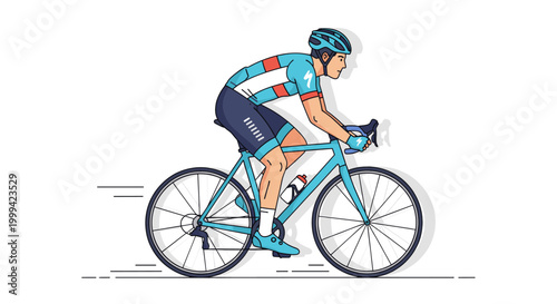 Road cyclist riding fast bicycle, modern flat line art sports illustration