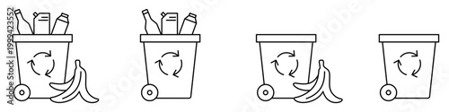 Set of recycling bin icons. Graphic elements with different line weights, symbolizing waste sorting and environmental responsibility.