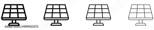 Set of solar panel icons. Graphic elements with different line weights, symbol of clean sun energy. Vector illustration.