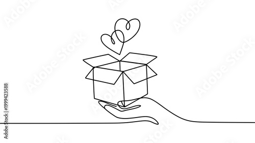 Hand offering an open box with two hearts floating above it symbolizing love and gift offering surprise