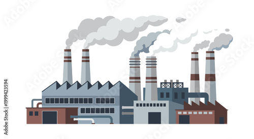 Factory complex with smokestacks, flat vector industrial pollution illustration