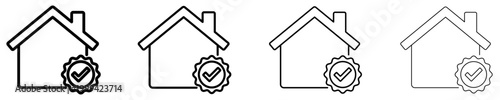 Set of house icons with a quality seal. Graphic elements with different line weights, symbol of verified or certified housing. Vector illustration.