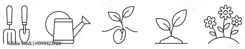 Set of gardening icons. Graphic elements depicting garden tools, a watering can, a seed, a sprout, and flowers. Vector illustration.
