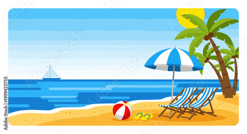 Summer beach vacation scene, colorful flat vector illustration