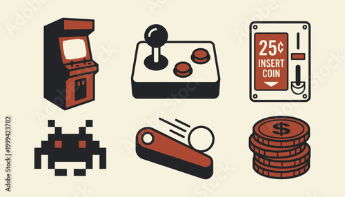 Retro arcade gaming icons set featuring vintage cabinet and joystick for digital entertainment