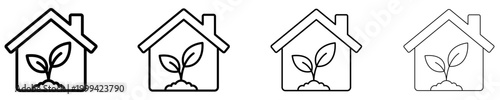 Set of house icons with a sprout inside. Graphic elements with different line weights, symbol of eco-friendly housing or greenhouse. Vector illustration.