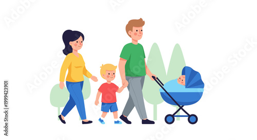 Happy family walking with baby stroller, cute flat vector illustration