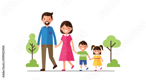 Happy family walking with baby stroller, cute flat vector illustration