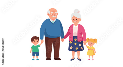 Grandparents and grandchildren portrait, cute flat cartoon vector illustration