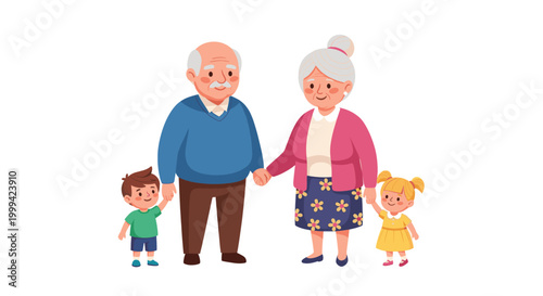 Grandparents and grandchildren portrait, cute flat cartoon vector illustration