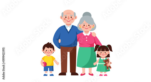 Grandparents and grandchildren portrait, cute flat cartoon vector illustration
