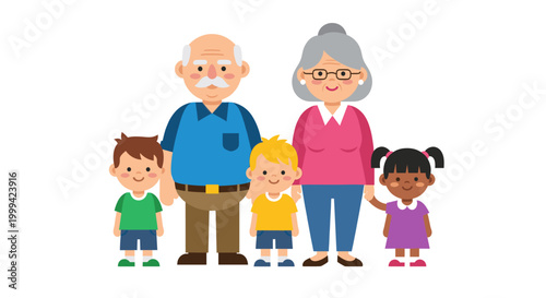 Grandparents and grandchildren portrait, cute flat cartoon vector illustration