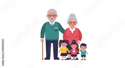 Grandparents and grandchildren portrait, cute flat cartoon vector illustration