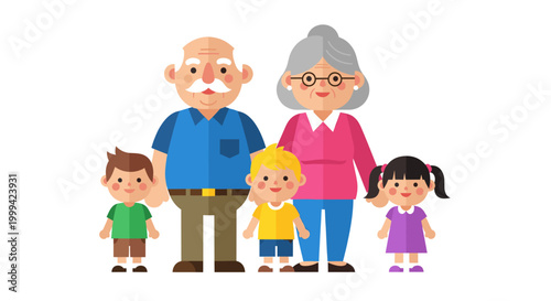 Grandparents and grandchildren portrait, cute flat cartoon vector illustration
