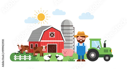 Farm with barn, tractor and animals, colorful flat vector countryside illustration