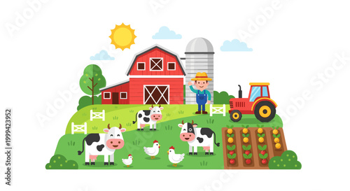 Farm with barn, tractor and animals, colorful flat vector countryside illustration