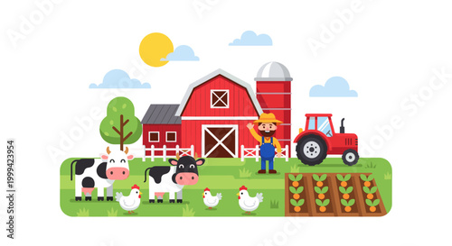 Farm with barn, tractor and animals, colorful flat vector countryside illustration