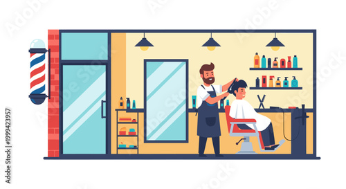Barbershop interior with barber cutting client hair, modern flat vector illustration