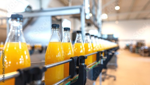 Automated Orange Juice Bottling Line in Modern Factory