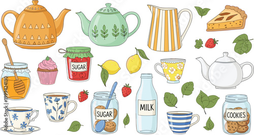 Fotografía Tea Time and Kitchen Essentials Vector Illustration Set Featuring Teapots, Cups, Jars, Cake, Cookies, Honey, and Fresh Ingredients for Home and Dining Design