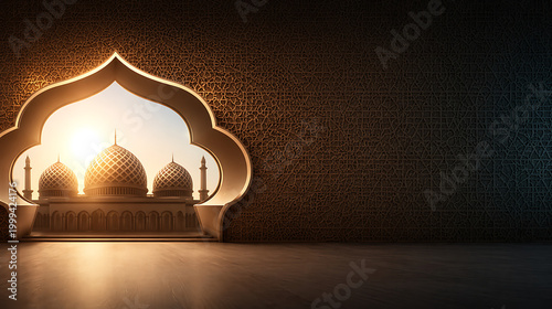 Beautiful Islamic mosque architecture illuminated by the sun, a symbol of faith and spirituality