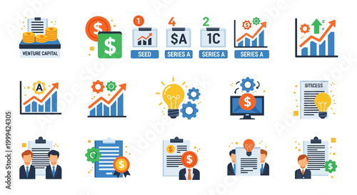 A flat lay illustration depicts venture capital and business growth with stacked gold bars, mobile payments, charts, and lightbulb ideas, set against a clean white background with a vibrant