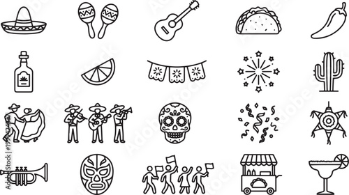 Cinco de Mayo Mexican icon set vector with sombrero maracas guitar taco tequila skull festive outline symbols collection design