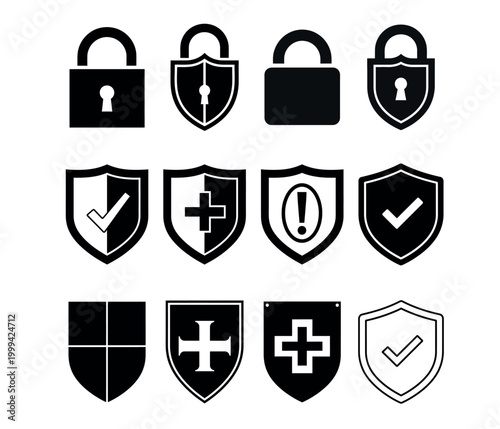 Security icons silhouette set locks and shields for protection and data privacy