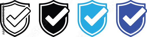 Shield with checkmark icon set, verified security approval symbol, flat vector illustration