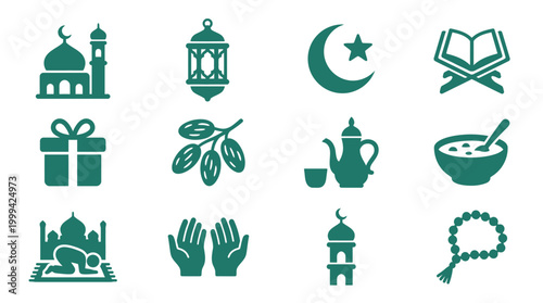 Set of Islamic Ramadan Kareem icons and symbols for festive design.