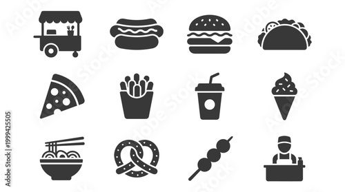 Set of Fast Food Icons Featuring Popular Snacks and Street Food Items.