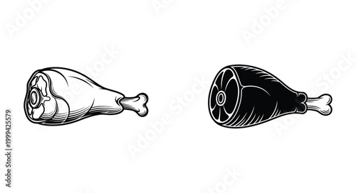 Outlined monochrome pork knuckle meat piece and dark solid color ham leg, butchery theme restaurant emblem design elements.