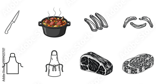 Kitchen knife and apron, stew pot with vegetables, uncooked pork ribs and steak, monochrome butchery icon set design.