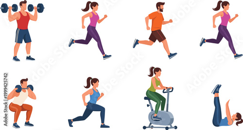 Fitness Workout and Running People Set in Flat Style, Collection of Gym Exercises, Jogging, Cycling and Strength Training Vector Illustration