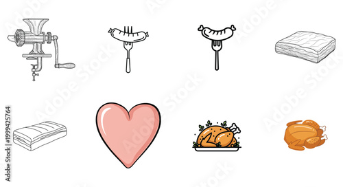 Meat grinder machine, grilled sausages on fork, uncooked streaky bacon and romantic heart shape, roasted chicken design.