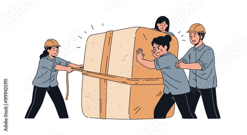 A team of workers wearing hard hats collaborate to move a large, heavy cardboard box by pushing and pulling, in a flat vector illustration against a clean white background with a focus
