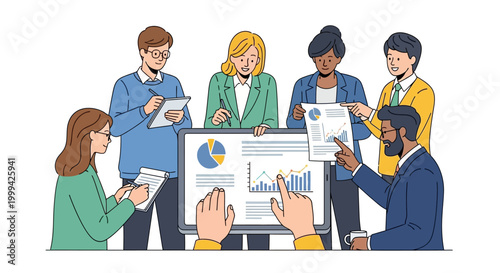 Diverse business team collaboratively reviewing charts on a laptop screen during a meeting, with some taking notes, in a flat vector illustration style against a clean white background